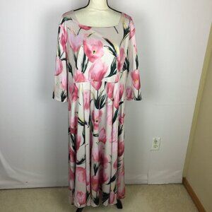 New! Flycurvy Maxi Dress 2XL Pink White Floral Square Neck Stretch Knit